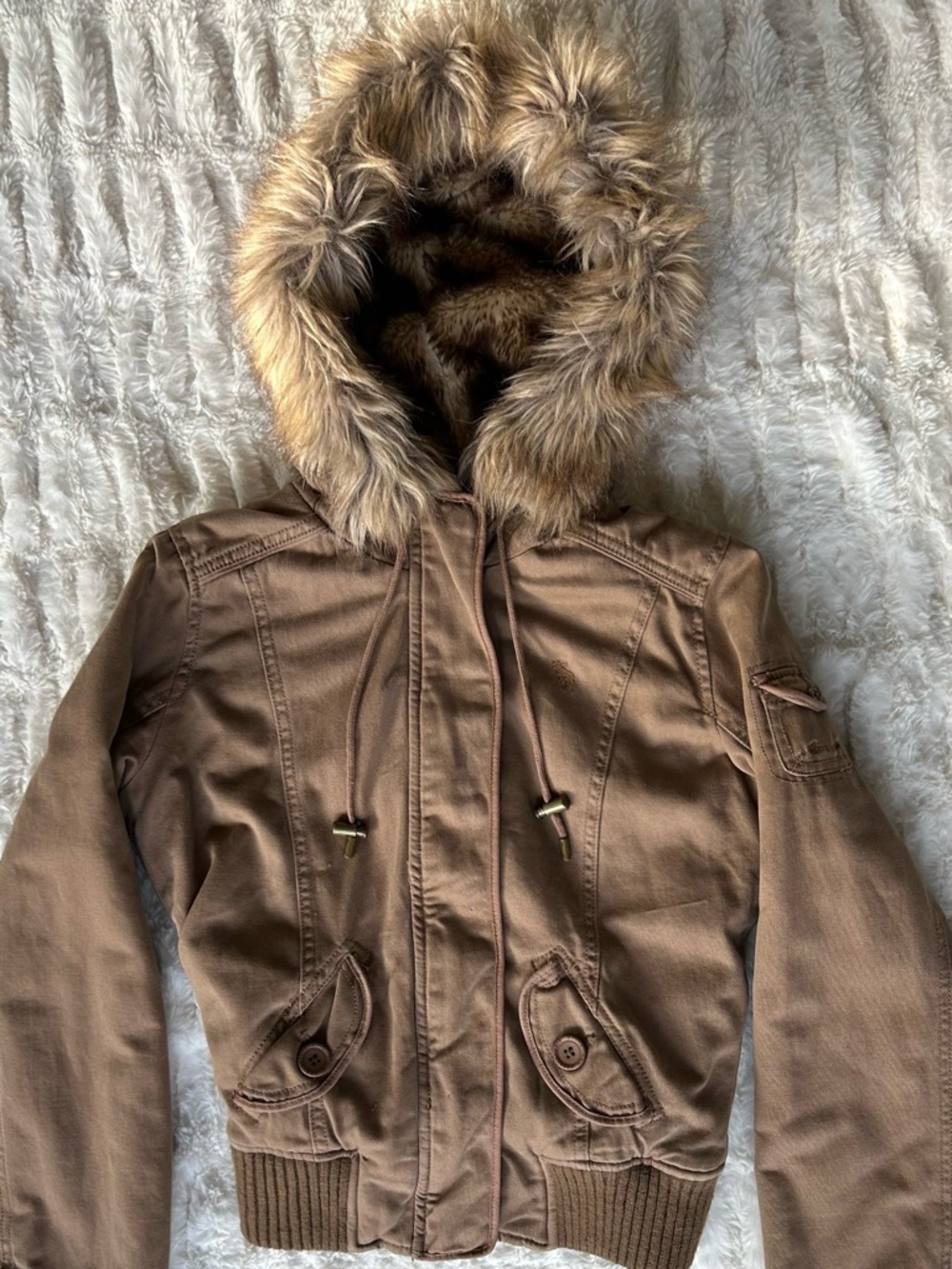 Y2K Vintage Abercrombie & Fitch Fur Lined Hooded Bomber Jacket Brown M